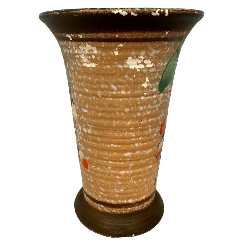 Vintage Etrurian Art Pottery Vase‎ Matte Finish Floral Antique Rare Brown White